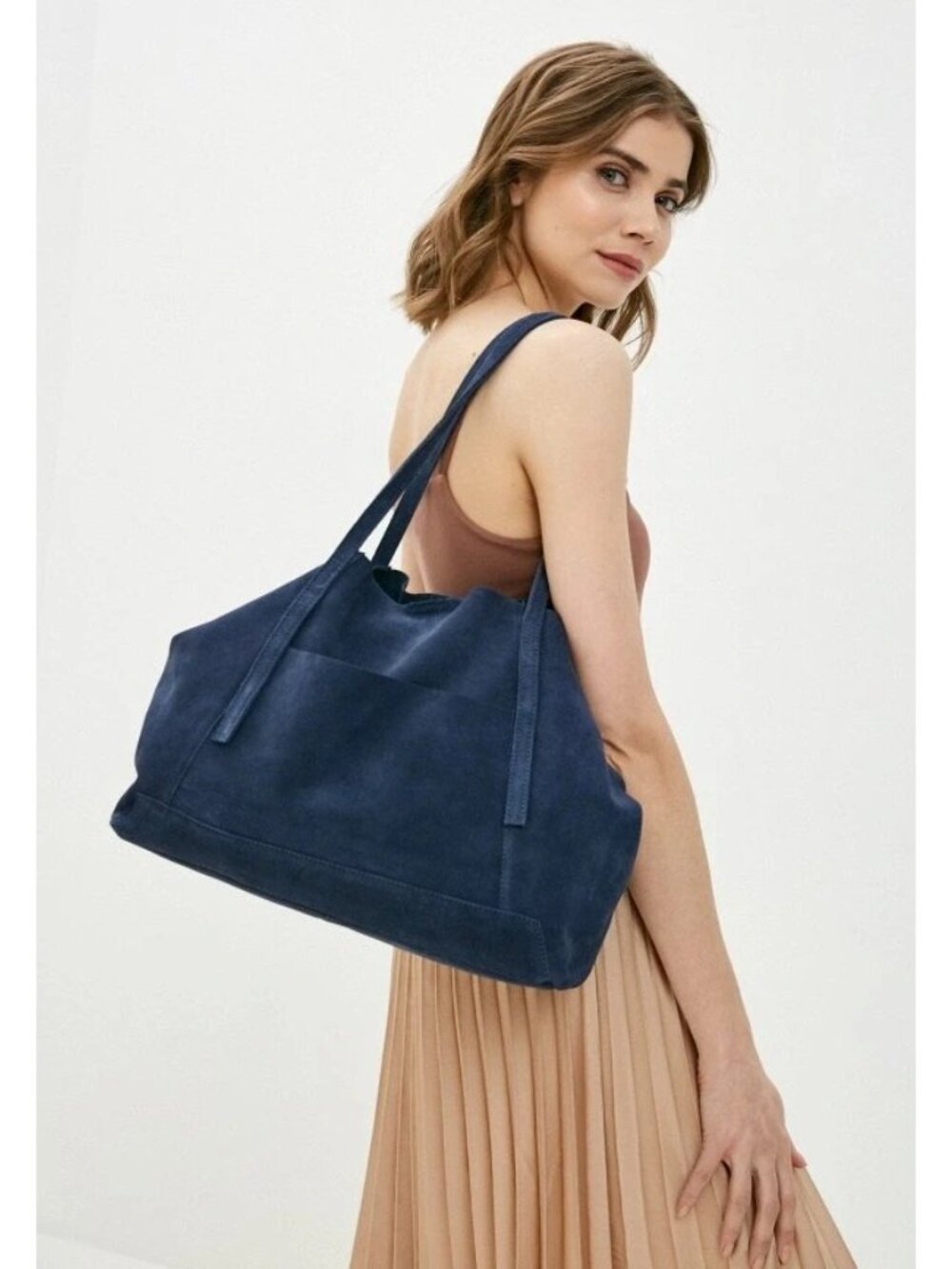Mango Womens Suede Leather Shopper Tote Shoulder Bag Purse Large Blue Vega NWT